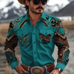 OUKU Men's Floral Western Shirt Cowboy Shirt Long Sleeve Western Sport Spring Fall Turndown Patchwork Yellow Red Brown Green Gray