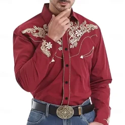 Clearance OUKU Men's Florals Western Shirt Cowboy Shirt Long Sleeve Western Style Spring Fall Turndown Button Up Red