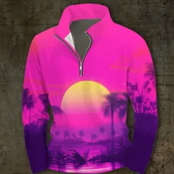 Discount OUKU Men's Flower / Plants Hoodies Quarter Zip Sweatshirt Long Sleeve Sweatshirt Stand Collar Daily Casual Vintage Retro 3D Print Vacation Going out Streetwear Print Spring & Fall Pink