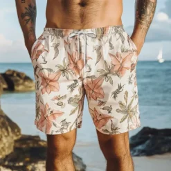 Clearance OUKU Men's Flower Floral Tropical Plants Swim Trunks Swim Shorts Board Shorts Mid Waist Streetwear Hawaiian Casual Daily Holiday Pocket Drawstring Elastic Waist Designer Clothing Apparel White