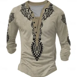 Clearance OUKU Men's Folk Henley Shirt Long Sleeve 3D Printing Ethnic Tribal Casual Holiday Winter Spring & Fall Yellow Gray Henley Henley T-Shirt