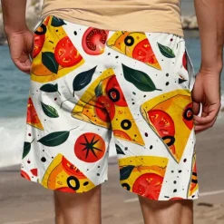 Discount OUKU Men's Food Graphic Prints Pizza Swim Trunks Swim Shorts Board Shorts Mid Waist Vacation Hawaiian Holiday Vacation Holiday Beach Drawstring with Mesh lining Elastic Waist Designer Clothing Apparel