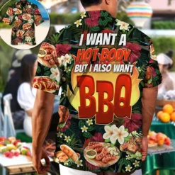 Hot OUKU Men's Food Letter Barbecue Shirt Summer Hawaiian Shirt Aloha Shirt Short Sleeve Shirt Cuban Collar Sports Fashion Streetwear Outdoor Casual Hawaiian Red Green S M L