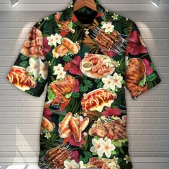 Hot OUKU Men's Food Letter Barbecue Shirt Summer Hawaiian Shirt Aloha Shirt Short Sleeve Shirt Cuban Collar Sports Fashion Streetwear Outdoor Casual Hawaiian Red Green S M L