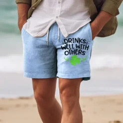 New OUKU Men's Four Leaf Clover Shorts Summer Shorts Beach Shorts Mid Waist Hawaiian Casual Holiday St. Patrick's Day Drawstring Elastic Waist Print Designer Clothing Apparel