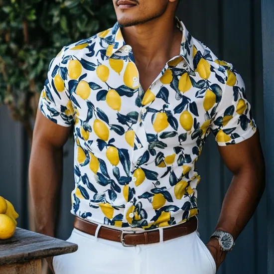 Clearance OUKU Men's Fruit Beach Shirt Aloha Shirt Short Sleeve Hawaiian Vacation Summer Spring Turndown Button Up Yellow Orange Green