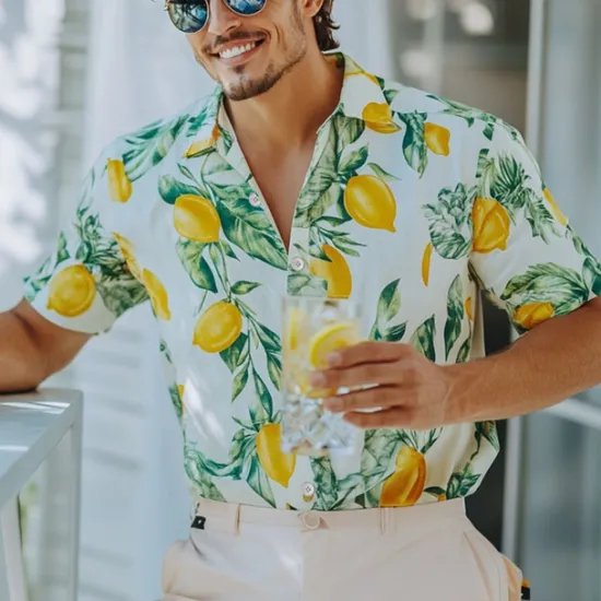 Clearance OUKU Men's Fruit Beach Shirt Aloha Shirt Short Sleeve Hawaiian Vacation Summer Spring Turndown Button Up Yellow Orange Green