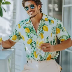 Clearance OUKU Men's Fruit Beach Shirt Aloha Shirt Short Sleeve Hawaiian Vacation Summer Spring Turndown Button Up Yellow Orange Green