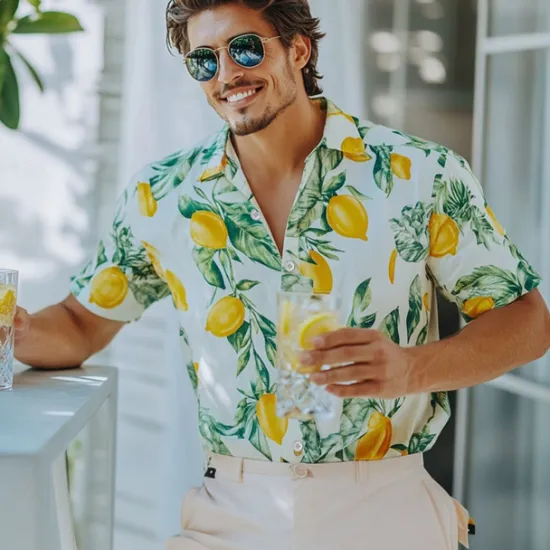 Clearance OUKU Men's Fruit Beach Shirt Aloha Shirt Short Sleeve Hawaiian Vacation Summer Spring Turndown Button Up Yellow Orange Green