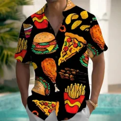 Best OUKU Men's Fruit Food Hamburger Summer Hawaiian Shirt Button Up Shirt Aloha Shirt Short Sleeve Hawaiian Holiday Beach Wear Summer Spring Turndown 3D Print Collared Shirts Front One Pocket Black Orange