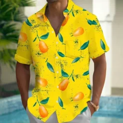 OUKU Men's Fruit Lemon Mango Summer Hawaiian Shirt Button Up Shirt Aloha Shirt Short Sleeve Hawaiian Holiday Beach Wear Summer Spring Turndown 3D Print Collared Shirts Front One Pocket Yellow Orange