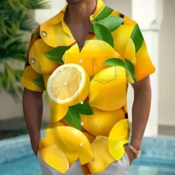 OUKU Men's Fruit Lemon Mango Summer Hawaiian Shirt Button Up Shirt Aloha Shirt Short Sleeve Hawaiian Holiday Beach Wear Summer Spring Turndown 3D Print Collared Shirts Front One Pocket Yellow Orange