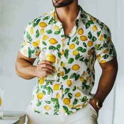 Sale OUKU Men's Fruit Lemon Summer Hawaiian Shirt Button Up Shirt Aloha Shirt Short Sleeve Hawaiian Resort Vacation Holiday Beach Wear Summer Spring Turndown 3D Print Collared Shirts White