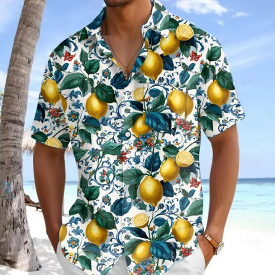 OUKU Men's Fruit Lemon Tropical Plants Summer Hawaiian Shirt Button Up Shirt Aloha Shirt Short Sleeve Shirt Turndown Hawaiian Vacation Holiday Beach Wear Blue Dark Green Green S M L