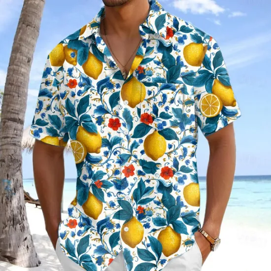 OUKU Men's Fruit Lemon Tropical Plants Summer Hawaiian Shirt Button Up Shirt Aloha Shirt Short Sleeve Shirt Turndown Hawaiian Vacation Holiday Beach Wear Blue Dark Green Green S M L