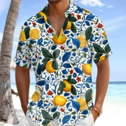 OUKU Men's Fruit Lemon Tropical Plants Summer Hawaiian Shirt Button Up Shirt Aloha Shirt Short Sleeve Shirt Turndown Hawaiian Vacation Holiday Beach Wear Blue Dark Green Green S M L