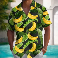Hot OUKU Men's Fruit Optical Illusion Banana Shirt Summer Hawaiian Shirt Button Up Shirt Short Sleeve Hawaiian Resort Vacation Holiday Beach Wear Summer Spring Turndown 3D Print Collared Shirts Light Yellow