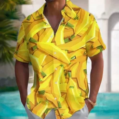 Hot OUKU Men's Fruit Optical Illusion Banana Shirt Summer Hawaiian Shirt Button Up Shirt Short Sleeve Hawaiian Resort Vacation Holiday Beach Wear Summer Spring Turndown 3D Print Collared Shirts Light Yellow