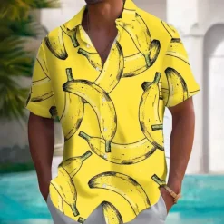 Hot OUKU Men's Fruit Optical Illusion Banana Shirt Summer Hawaiian Shirt Button Up Shirt Short Sleeve Hawaiian Resort Vacation Holiday Beach Wear Summer Spring Turndown 3D Print Collared Shirts Light Yellow