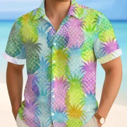 New OUKU Men's Fruit Pineapple Tropical Summer Hawaiian Shirt Button Up Shirt Aloha Shirt Short Sleeve Hawaiian Vacation Beach Wear Summer Spring Turndown 3D Print Collared Shirts Light Khaki Blue Dark Green