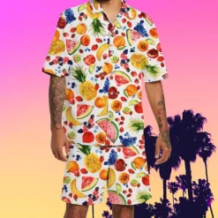Discount OUKU Men's Fruit Pineapple Watermelon 2pcs Shirts Sets Summer Hawaiian Shirt Short Sleeve Short Pants Turndown Tropical Fashion Hawaiian Street Casual Hawaiian Print Summer Spring White Orange
