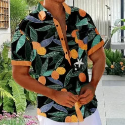 Best OUKU Men's Fruit Plants Tropical Shirt Summer Hawaiian Shirt Button Up Shirt Short Sleeve Hawaiian Vacation Holiday Beach Wear Summer Turndown 3D Print Front One Pocket Linen Like Shirt Black White