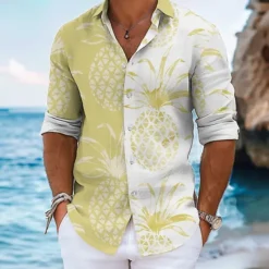 Clearance OUKU Men's Fruit Summer Hawaiian Shirt Aloha Shirt Long Sleeve Hawaiian Beach Vacation Summer Spring Turndown Button Up Black Yellow Pink Blue Gray