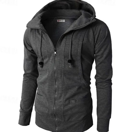 Online OUKU Men's Full Zip Hoodie Zip Up Hoodie Fleece Hoodie Black Wine Army Green Navy Blue Khaki Hooded Plain Zip Up Pocket Sports & Outdoor Daily Holiday Polyester Streetwear Basic Casual Fall & Winter