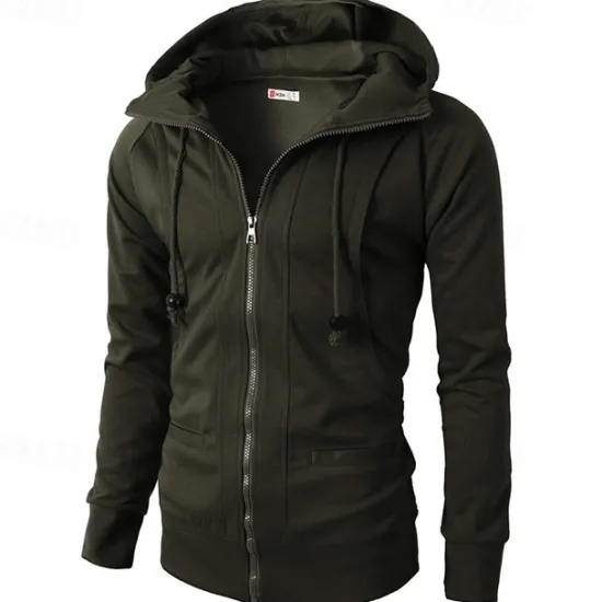 Online OUKU Men's Full Zip Hoodie Zip Up Hoodie Fleece Hoodie Black Wine Army Green Navy Blue Khaki Hooded Plain Zip Up Pocket Sports & Outdoor Daily Holiday Polyester Streetwear Basic Casual Fall & Winter