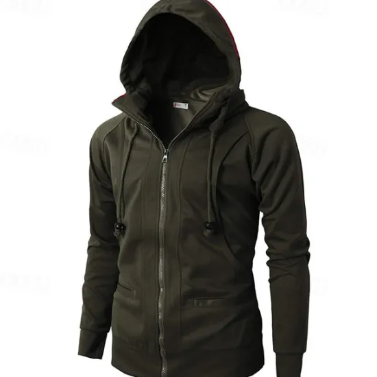 Online OUKU Men's Full Zip Hoodie Zip Up Hoodie Fleece Hoodie Black Wine Army Green Navy Blue Khaki Hooded Plain Zip Up Pocket Sports & Outdoor Daily Holiday Polyester Streetwear Basic Casual Fall & Winter