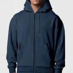 OUKU Men's Full Zip Hoodie Zip Up Hoodie Fleece Hoodie Black Navy Blue Khaki Light Grey Hooded Plain Zip Up Pocket Sports & Outdoor Daily Holiday Polyester Streetwear Basic Casual Fall & Winter Clothing