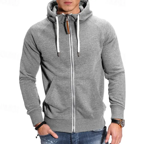 Online OUKU Men's Full Zip Hoodie Zip Up Hoodie Black Navy Blue Light Grey Dark Gray Hooded Plain Zip Up Front Pocket Sports & Outdoor Daily Holiday Polyester Streetwear Basic Casual Spring & Fall Clothing