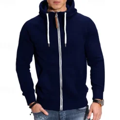 Online OUKU Men's Full Zip Hoodie Zip Up Hoodie Black Navy Blue Light Grey Dark Gray Hooded Plain Zip Up Front Pocket Sports & Outdoor Daily Holiday Polyester Streetwear Basic Casual Spring & Fall Clothing