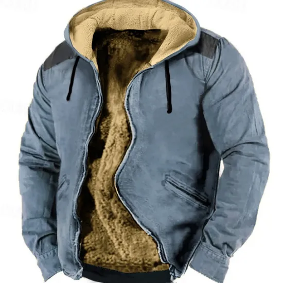 Hot OUKU Men's Full Zip Hoodie Zip Up Hoodie Fuzzy Sherpa Fleece Jacket Fleece Hoodie Blue Brown Green Khaki Hooded Plain Zip Up Zipper Pocket Sports & Outdoor Daily Weekend Polyester Vintage Cool Casual Fall