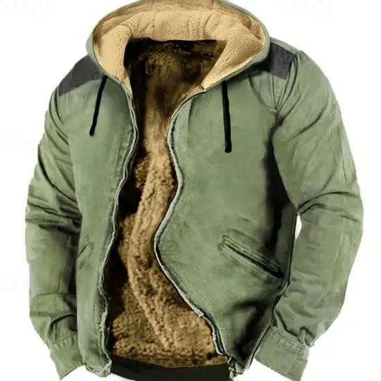 Hot OUKU Men's Full Zip Hoodie Zip Up Hoodie Fuzzy Sherpa Fleece Jacket Fleece Hoodie Blue Brown Green Khaki Hooded Plain Zip Up Zipper Pocket Sports & Outdoor Daily Weekend Polyester Vintage Cool Casual Fall