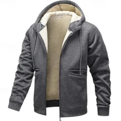OUKU Men's Full Zip Hoodie Zip Up Hoodie Fuzzy Sherpa Fleece Jacket Fleece Hoodie Yellow Army Green Khaki Dark Gray Hooded Plain Zip Up Zipper Pocket Sports & Outdoor Daily Weekend Polyester Vintage Cool