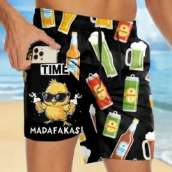 OUKU Men's Funny Beer Duck Lined Shorts 2 in 1 Board Shorts Swim Shorts Mid Waist Hawaiian Vacation Holiday Beach Wear Side Pockets With Compression Liner Elastic Drawstring Waist Designer Clothing Apparel