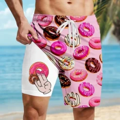 Clearance OUKU Men's Funny Donuts Lined Shorts 2 in 1 Board Shorts Swim Shorts Mid Waist Hawaiian Vacation Holiday Beach Wear Side Pockets With Compression Liner Elastic Drawstring Waist Designer Clothing Apparel