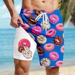 Clearance OUKU Men's Funny Donuts Lined Shorts 2 in 1 Board Shorts Swim Shorts Mid Waist Hawaiian Vacation Holiday Beach Wear Side Pockets With Compression Liner Elastic Drawstring Waist Designer Clothing Apparel
