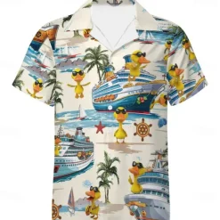 Hot OUKU Men's Funny Duck Cruise Ship Shirt Cuban Collar Shirt Summer Hawaiian Shirt Short Sleeve Hawaiian Vacation Holiday Beach Wear Summer Spring Grandad Collar Standing Collar Camp Collar Shirt 3D Print Beige