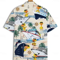 Hot OUKU Men's Funny Duck Cruise Ship Shirt Cuban Collar Shirt Summer Hawaiian Shirt Short Sleeve Hawaiian Vacation Holiday Beach Wear Summer Spring Grandad Collar Standing Collar Camp Collar Shirt 3D Print Beige