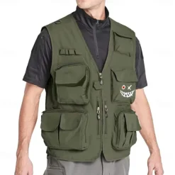 Online OUKU Men's Funny Smile Face Grimace Vest Waistcoat Gilet Tactical Practical Removable Casual Sports Outdoor Fishing Photography Mesh Side Pockets Quick Dry Fall Winter Collarless Sleeveless khaki Army