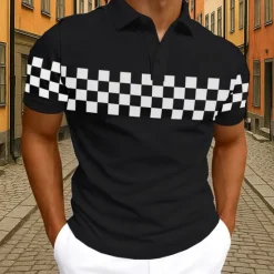 Clearance OUKU Men's Geometic Checkerboard Polo Short Sleeve Polo Shirts Collared Shirts Casual Athleisure 3D Print Buttons Summer White Navy Blue Sky Blue