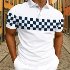 Clearance OUKU Men's Geometic Checkerboard Polo Short Sleeve Polo Shirts Collared Shirts Casual Athleisure 3D Print Buttons Summer White Navy Blue Sky Blue