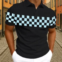 Clearance OUKU Men's Geometic Checkerboard Polo Short Sleeve Polo Shirts Collared Shirts Casual Athleisure 3D Print Buttons Summer White Navy Blue Sky Blue