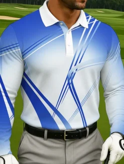 OUKU Men's Geometic Golf Polo Long Sleeve Polo Shirts Lapel Casual Athleisure Daily Wear 3D Print Buttons Spring Fall Winter Blue Purple Green
