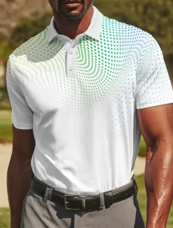 Best OUKU Men's Geometic Golf Polo Sports Polo Shirts Short Sleeve Polo Shirts Collared Shirts Sportswear Casual Athleisure Daily Wear Buttons Summer Light Green Red Blue