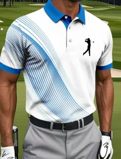 Clearance OUKU Men's Geometic Golf Sports Polo Shirts Short Sleeve Polo Shirts Collared Shirts Sportswear Athleisure Buttons Summer Black White Blue