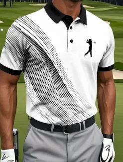 Clearance OUKU Men's Geometic Golf Sports Polo Shirts Short Sleeve Polo Shirts Collared Shirts Sportswear Athleisure Buttons Summer Black White Blue