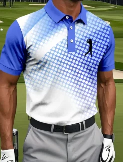 Clearance OUKU Men's Geometic Golf Sports Polo Shirts Short Sleeve Polo Shirts Collared Shirts Sportswear Athleisure Buttons Summer Blue Sky Blue Green